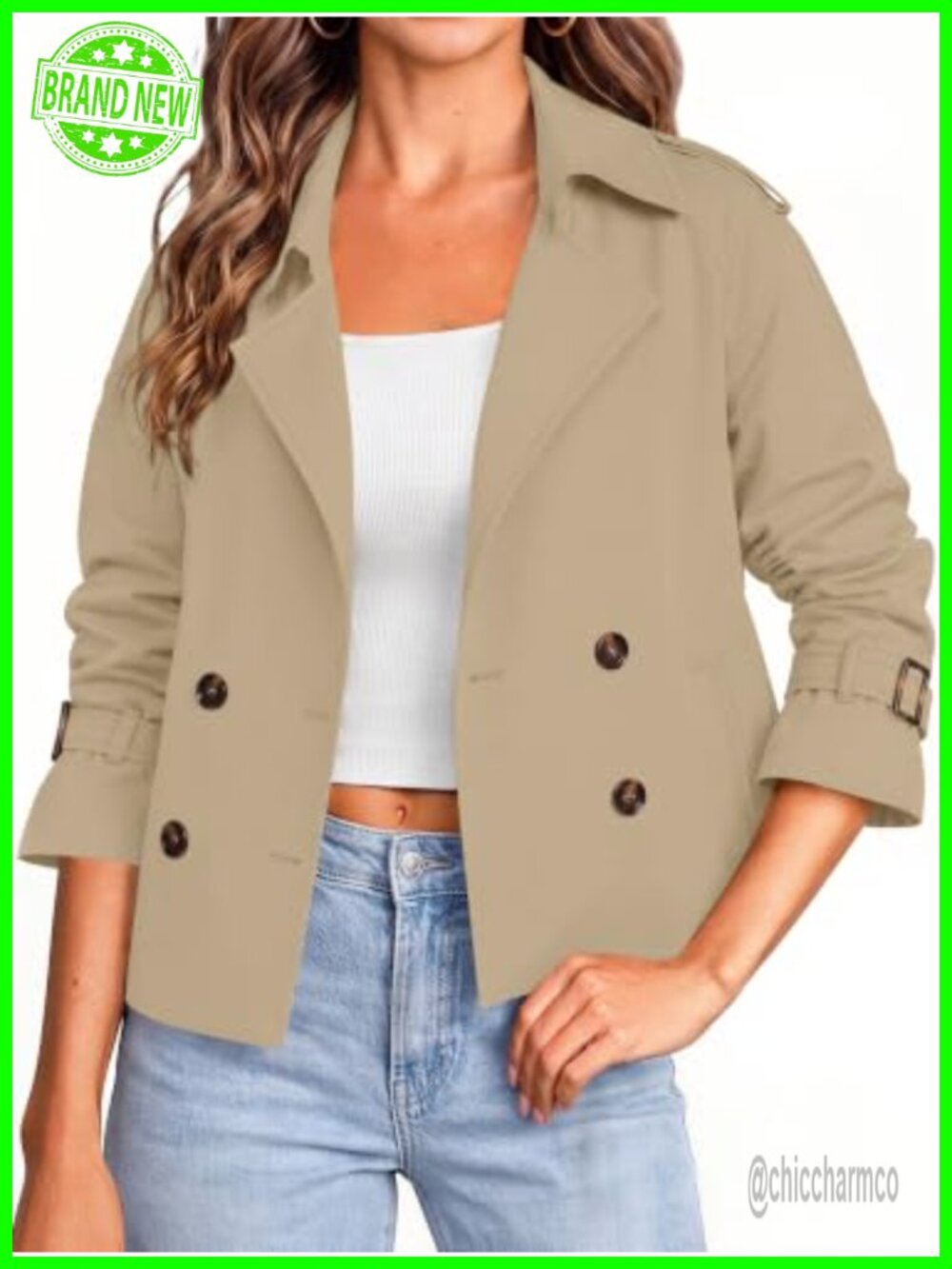 Cropped Double Breasted Trench Coat Short Jacket Notch Collar Button Utility
